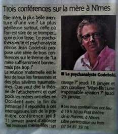 Midi Libre Conférences de Jean Godebski psychanalyste psychothérapeute à Nimes